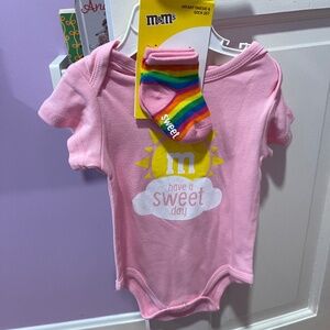 12 month M and M onesie and sock pair unopened